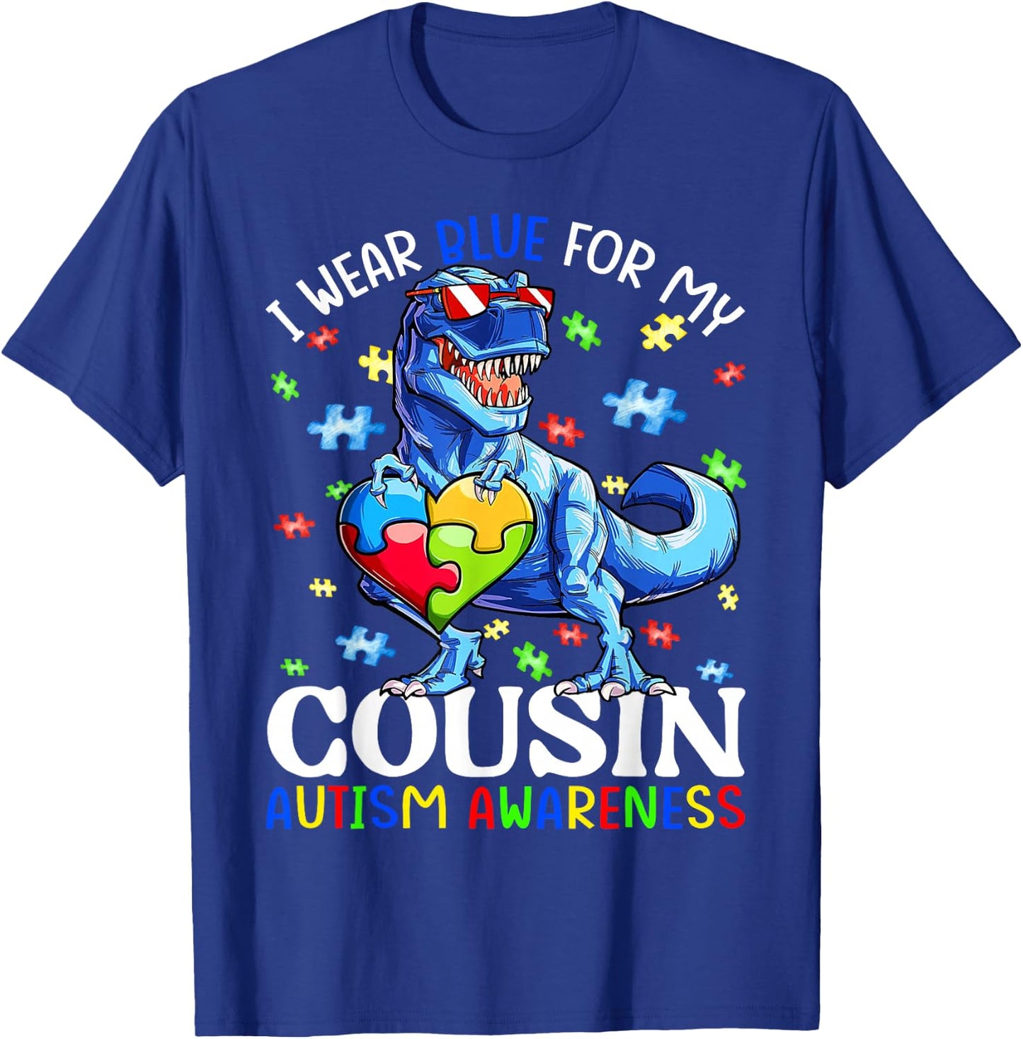I Wear Blue For My Cousin Autism Awareness Dinosaur Boys T-Shirt - T-Shirt | Royal