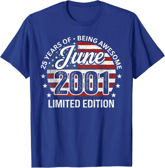 June 25th Birthday Men Women 2001 Awesome USA Flag T-Shirt - T-Shirt | Royal