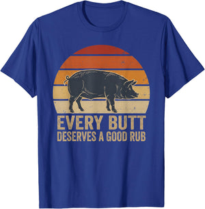 Every Butt Deserves Good Rub Retro Sunset BBQ Pig Art T-Shirt - T-Shirt | Royal