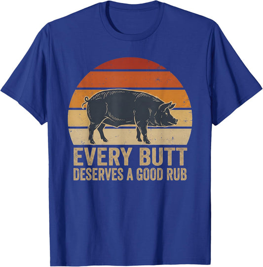 Every Butt Deserves Good Rub Retro Sunset BBQ Pig Art T-Shirt - T-Shirt | Royal