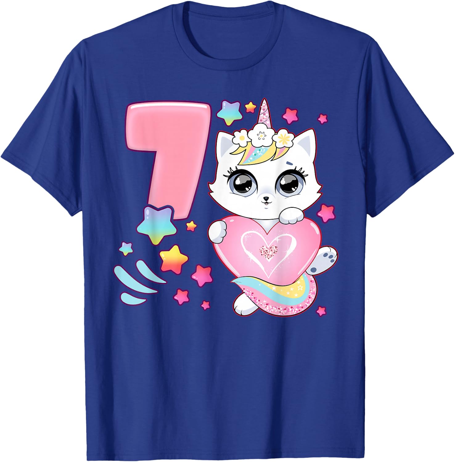 Geburtstag Mädchen 7 Jahre, Katze, Einhorn, 7. Geburtstag T-Shirt - T-Shirt | Royal