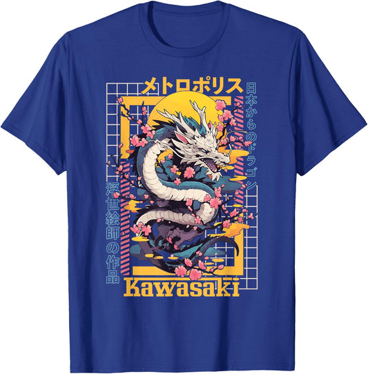 Kawasaki City Synthwave 80s Dragon Asian Vaporwave T-Shirt - T-Shirt | Royal