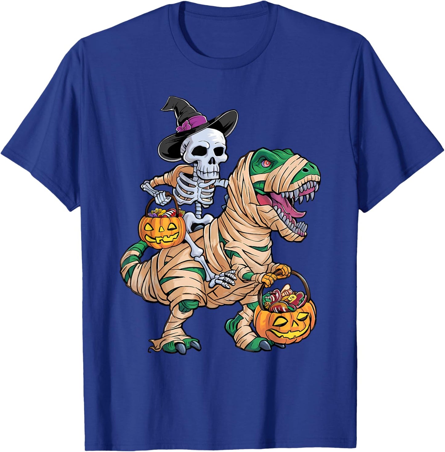 Skeleton Riding Mummy Dinosaur T rex Halloween Funny Kid Boy T-Shirt - T-Shirt | Royal