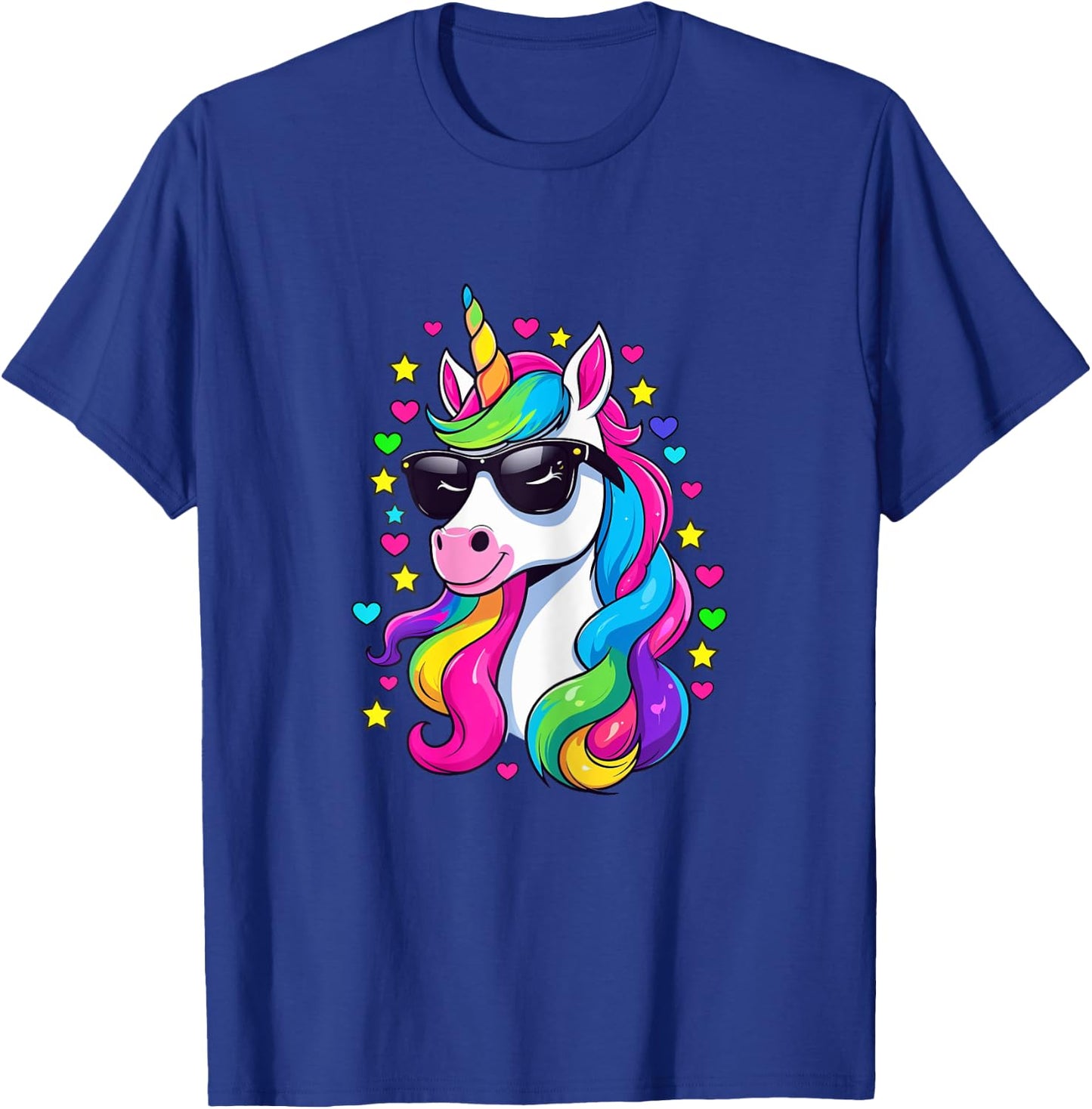 Colorful Unicorn Wearing Sunglasses Hearts and Stars T-Shirt - T-Shirt | Royal