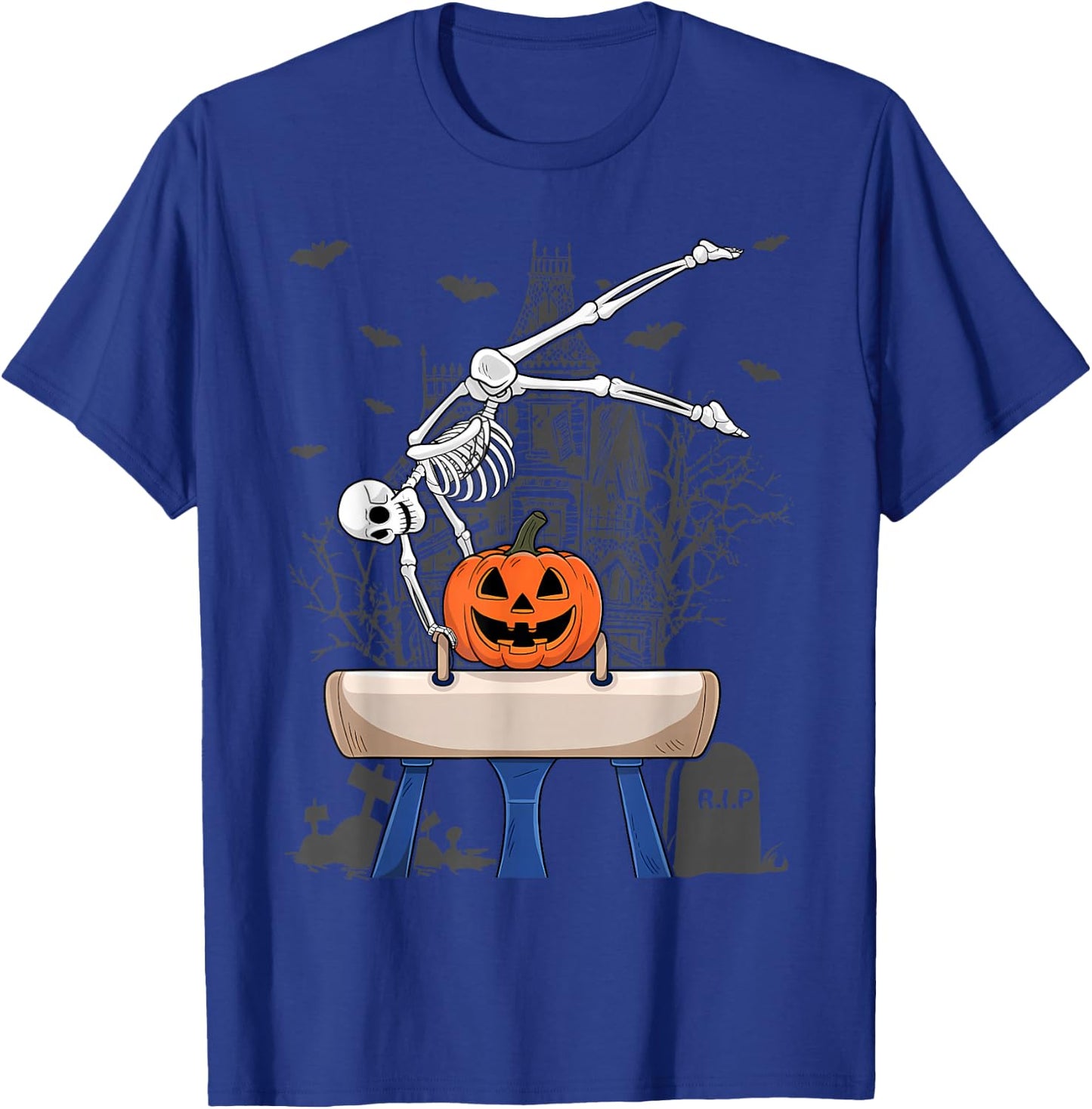 Skeleton Gymnastics Halloween Pumpkin Horizontal Bar T-Shirt - T-Shirt | Royal