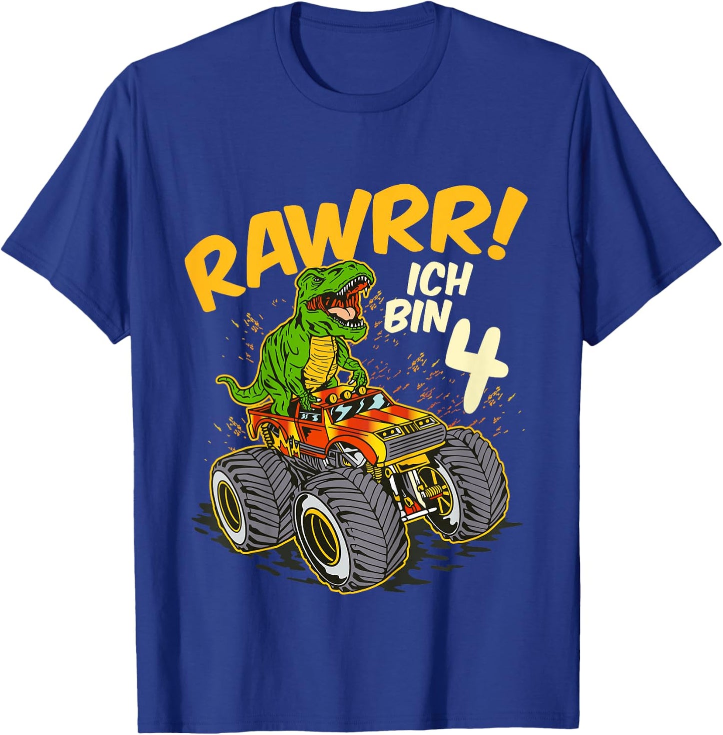 Kids 4 Years Old 4th Birthday Boy Monster Truck Car T-Rex , black T-Shirt - T-Shirt | Royal
