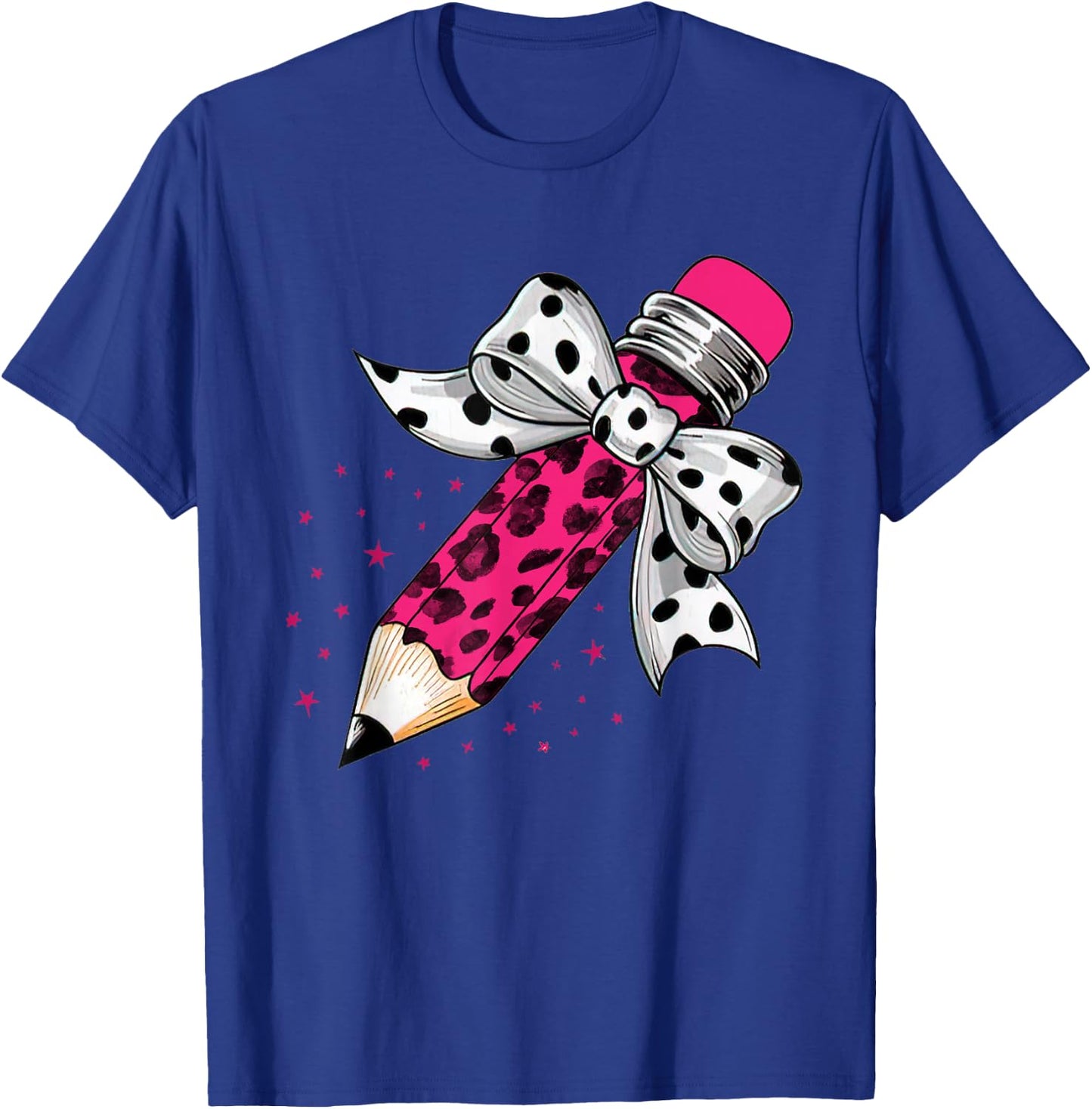 Back To School, Coquette Dalmatian Dots Print Bow Pencil T-Shirt - T-Shirt | Royal