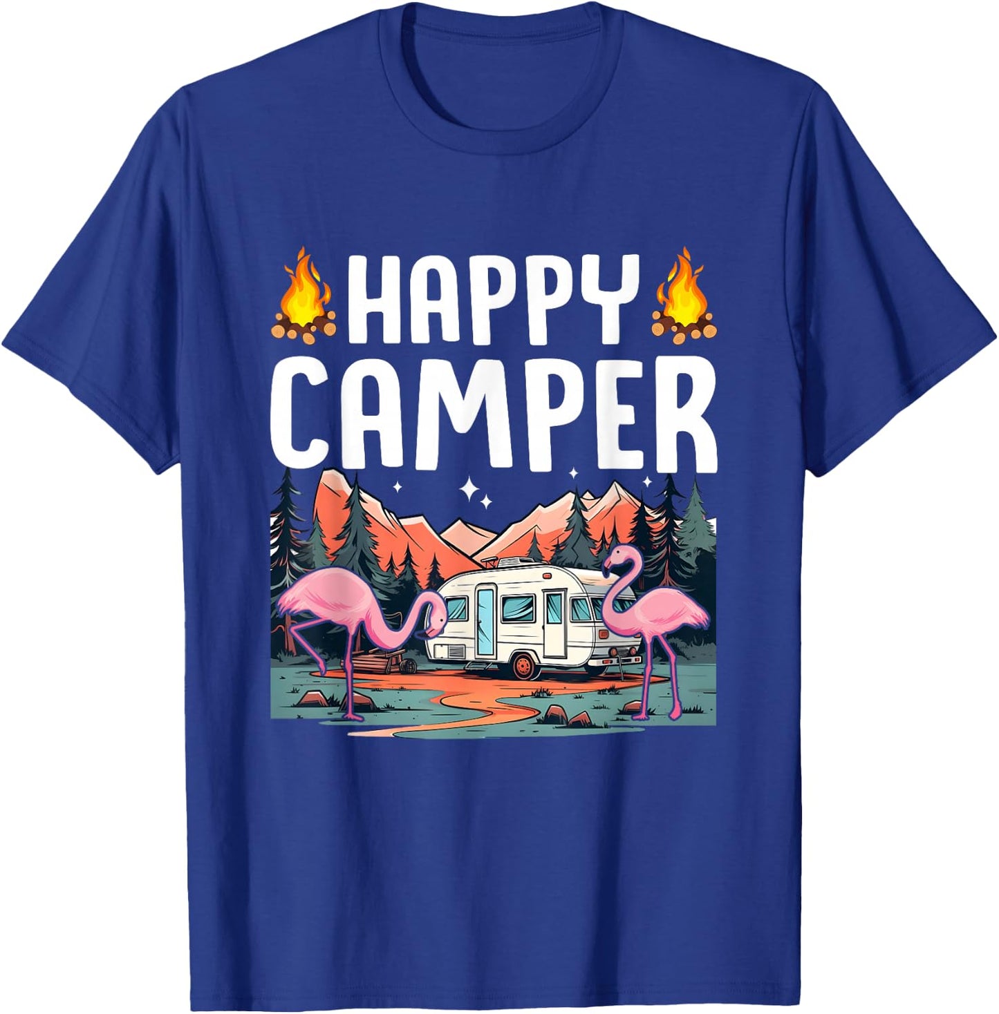 Happy Camping Flamingo Tropical Summer Vacation Camper T-Shirt - T-Shirt | Royal