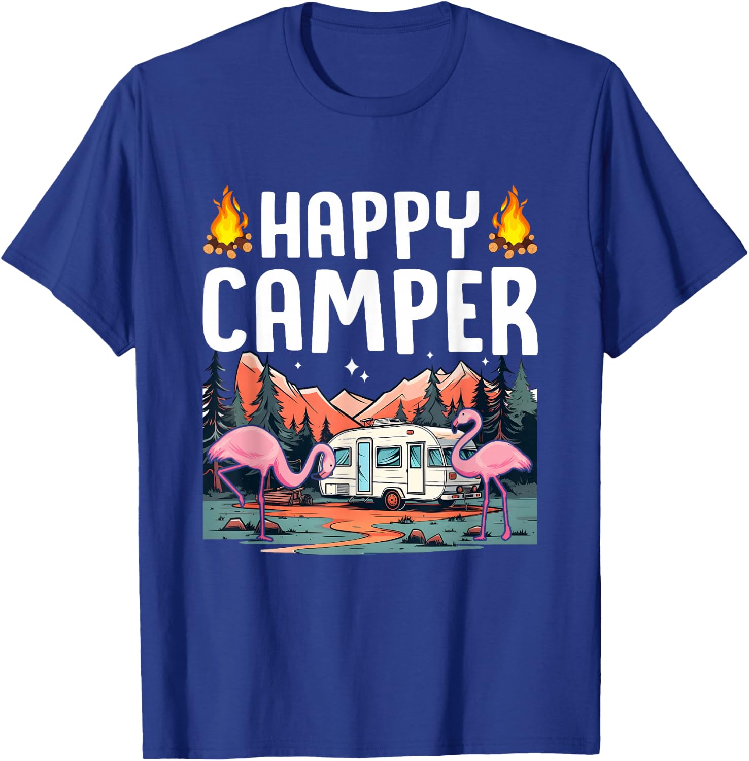 Happy Camping Flamingo Tropical Summer Vacation Camper T-Shirt - T-Shirt | Royal