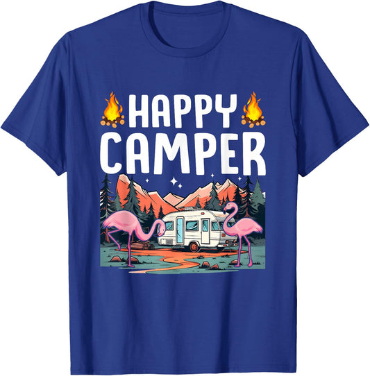 Happy Camping Flamingo Tropical Summer Vacation Camper T-Shirt - T-Shirt | Royal