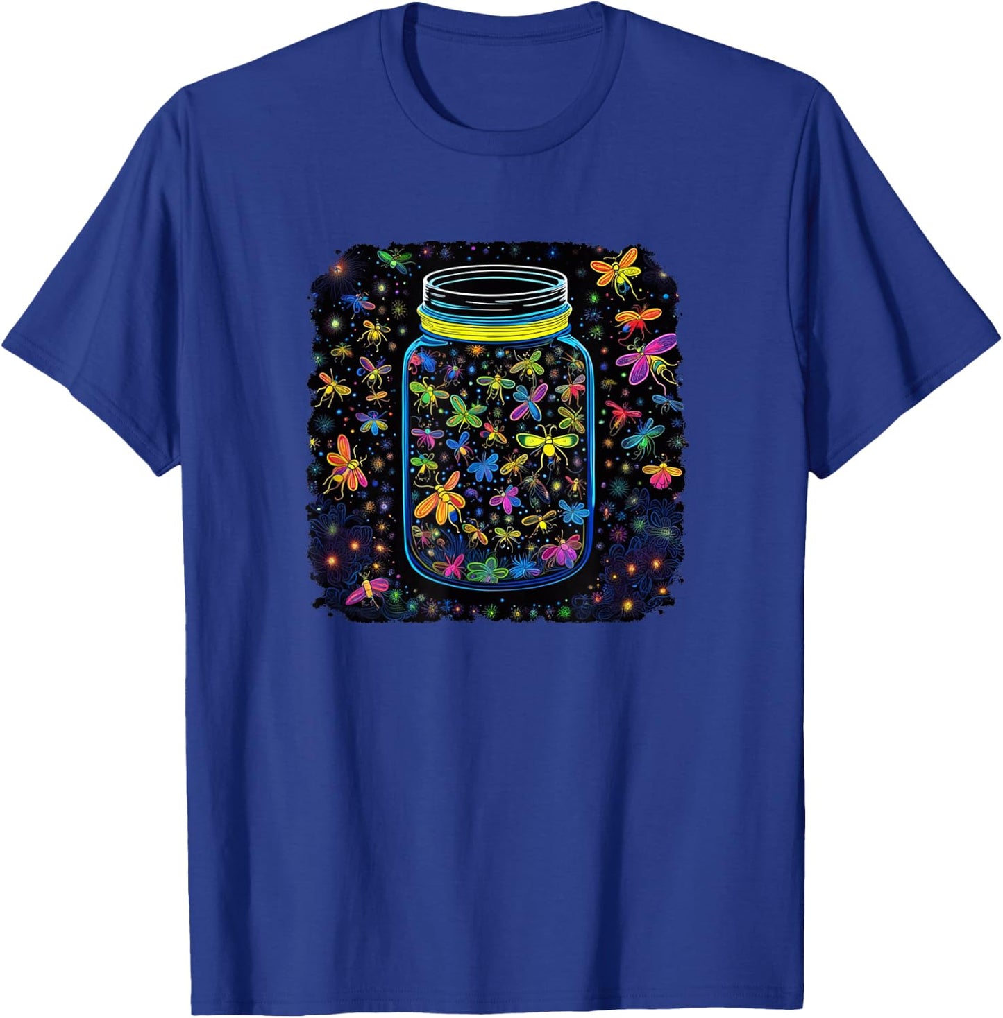 Psychedelic, Trippy, Black Light Fireflies in a Jar Art T-Shirt - T-Shirt | Royal