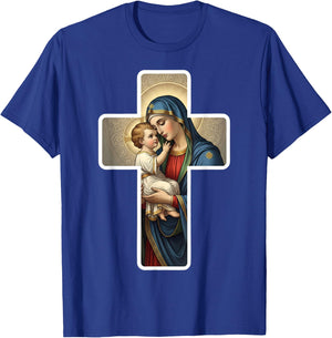 Saint Mary with Baby Jesus Christ Santa Maria Cross Icon T-Shirt - T-Shirt | Royal