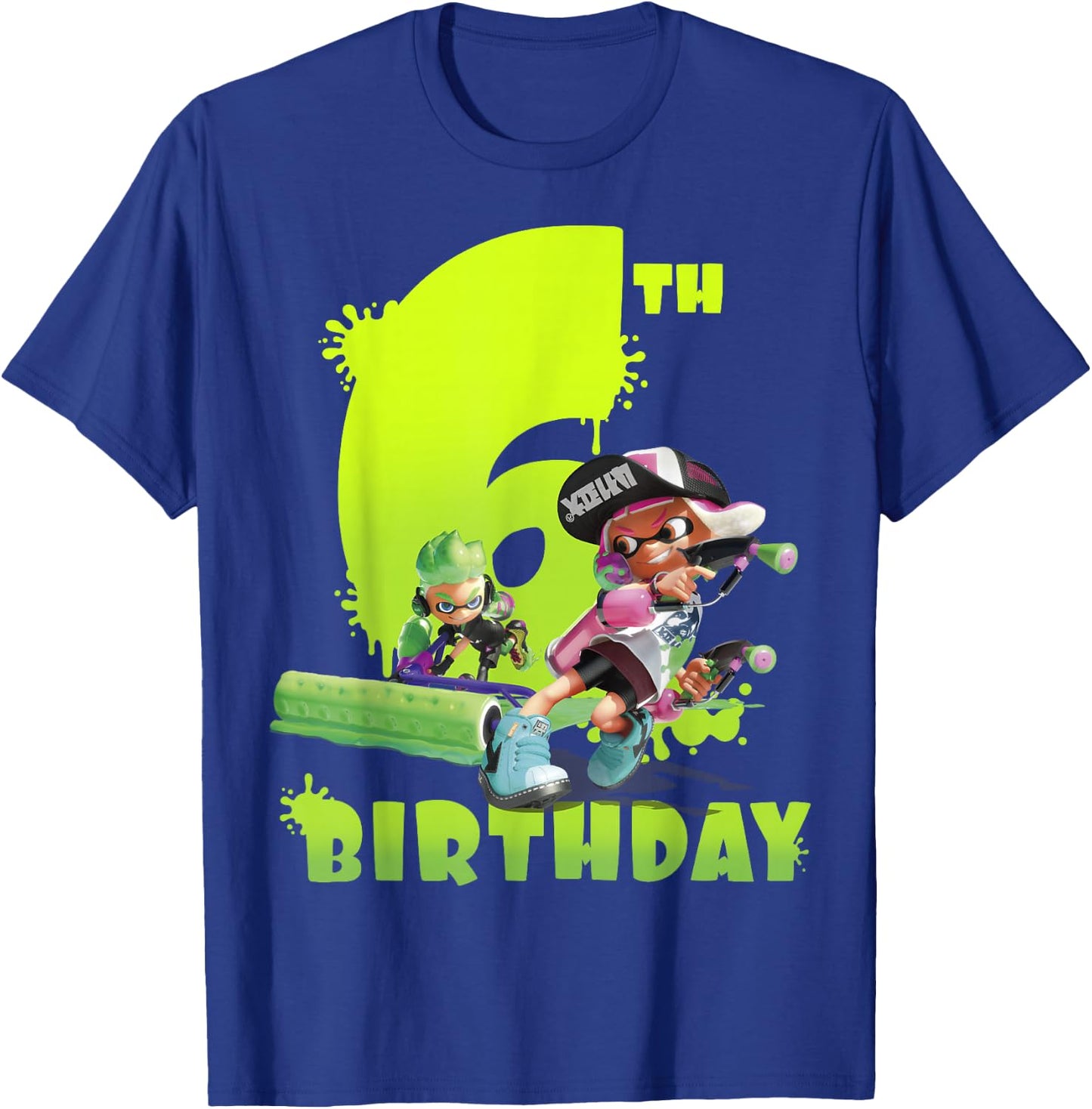 Splatoon Inkling 6th Birthday Green Splatter Portrait T-Shirt - T-Shirt | Royal