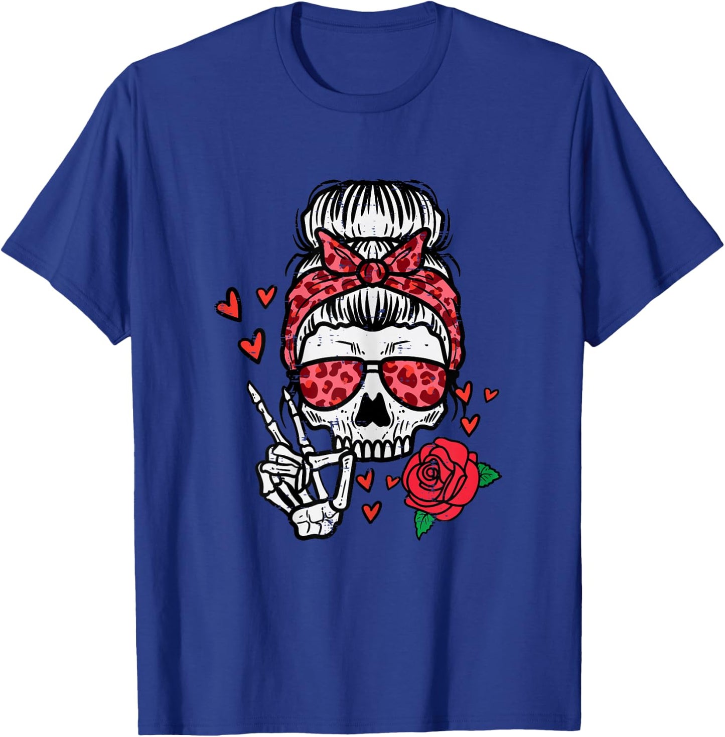Valentines Skeleton Leopard Messy Bun Peace Funny Women T-Shirt - T-Shirt | Royal