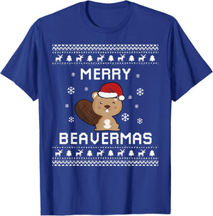 Merry Beavermas Beaver Ugly Christmas Holiday Winter Xmas T-Shirt - T-Shirt | Royal