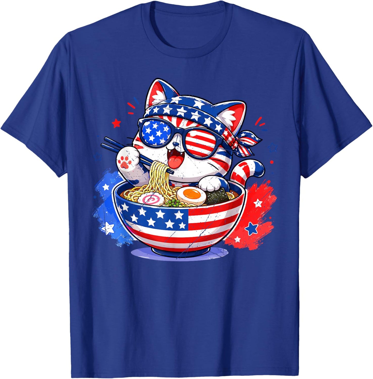Cute Cat Ramen Anime American Flag USA Patriotic 4th of July T-Shirt - T-Shirt | Royal
