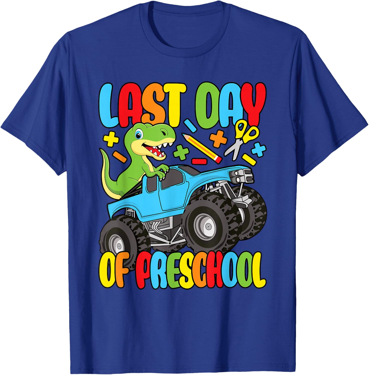 Funny Last Day Of Preschool Dinosaur Monster Truck Boys Kids T-Shirt - T-Shirt | Royal