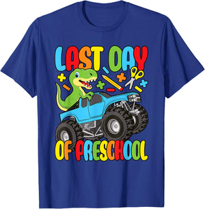 Funny Last Day Of Preschool Dinosaur Monster Truck Boys Kids T-Shirt - T-Shirt | Royal