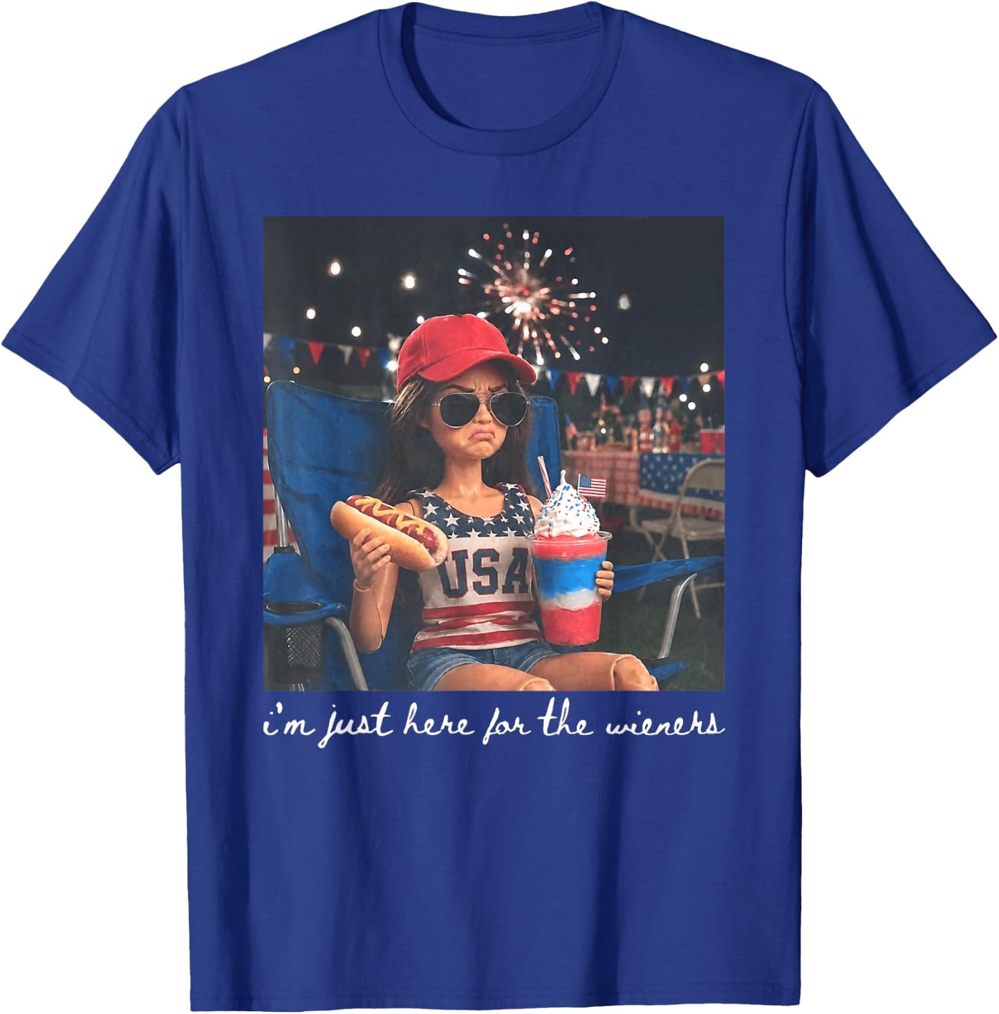 Just Here for The Wieners Funny 4th of July Girl Face Meme T-Shirt - T-Shirt | Royal