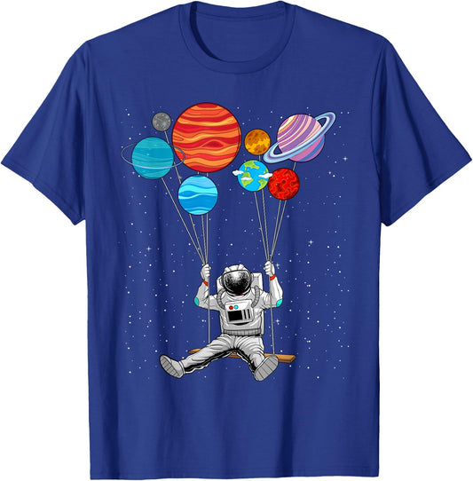 Astronaut With Planets In Hand Art Women Outer Space T-Shirt - T-Shirt | Royal