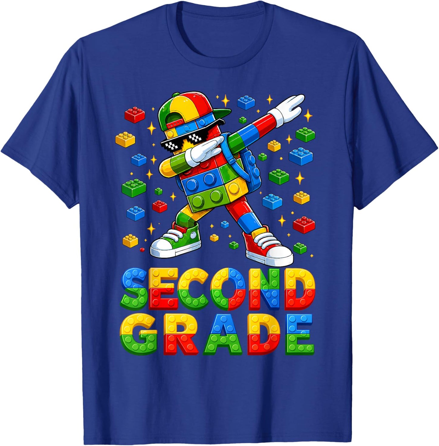 Hello 2nd Grade Kid Boy Building Blocks Brick Back to School T-Shirt - T-Shirt | Royal