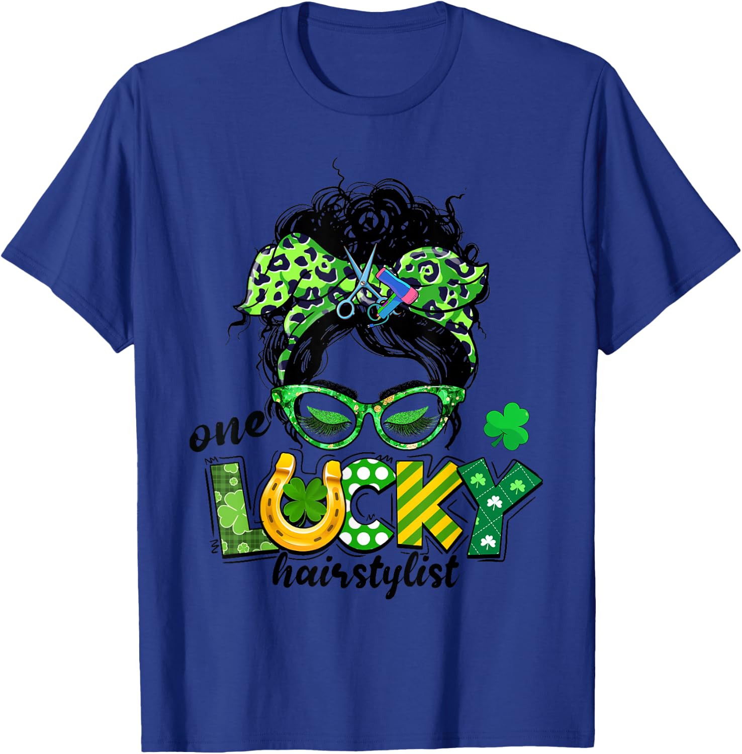 One Lucky Hairstylist Messy Bun Women St Patrick's Day T-Shirt - T-Shirt | Royal