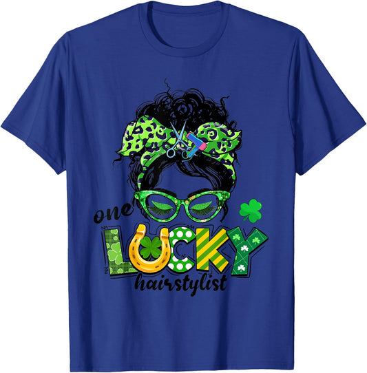 One Lucky Hairstylist Messy Bun Women St Patrick's Day T-Shirt - T-Shirt | Royal