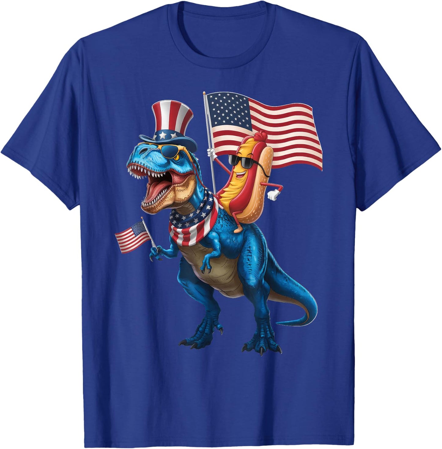 Hotdog Riding TRex Dinosaur 4th of July USA Flag T-Shirt - T-Shirt | Royal