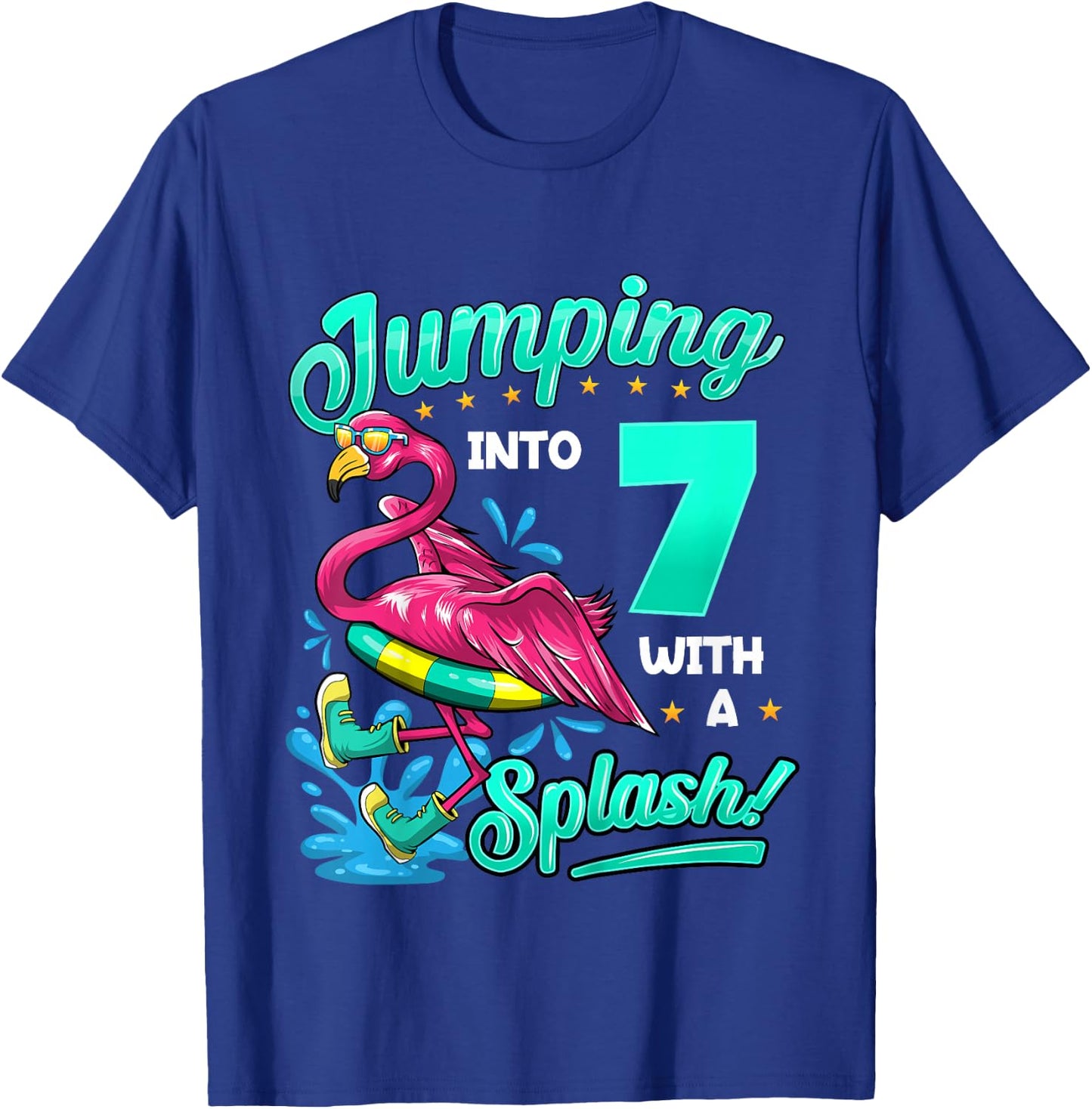 7th Birthday Flamingo Pool Party Jumping Into 7 Years Old T-Shirt - T-Shirt | Royal