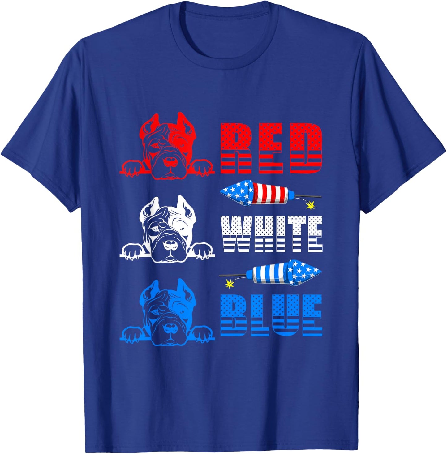 Red White Blue Three Cute Pit Bull 4th Of July American Flag T-Shirt - T-Shirt | Royal