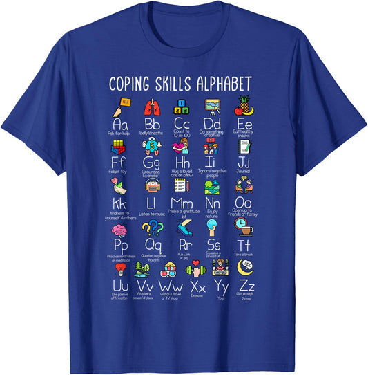 Counselor - Coping Skills Alphabet Mental Health Awareness T-Shirt - T-Shirt | Royal