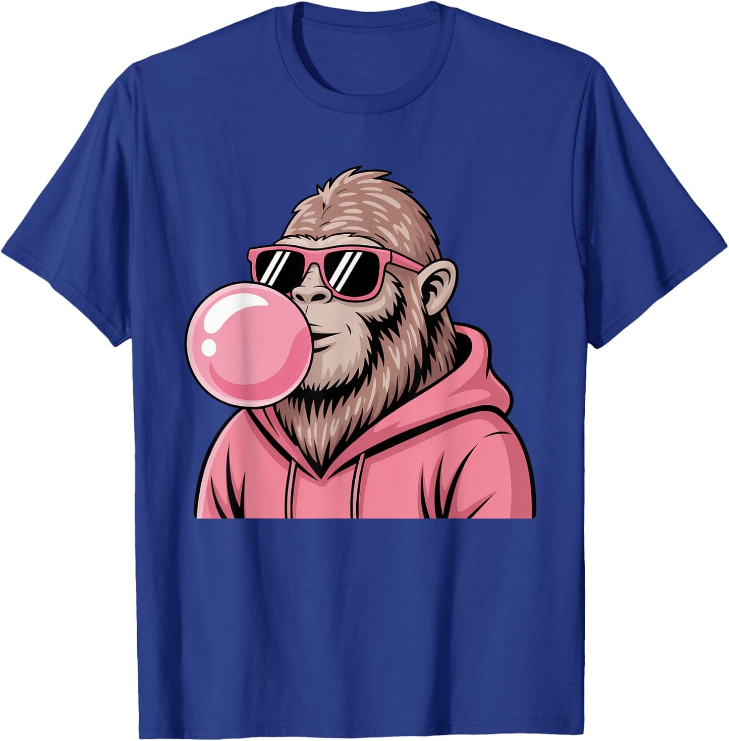 Bigfoot Sasquatch Blowing Pink Bubble Gum and Sunglasses T-Shirt - T-Shirt | Royal