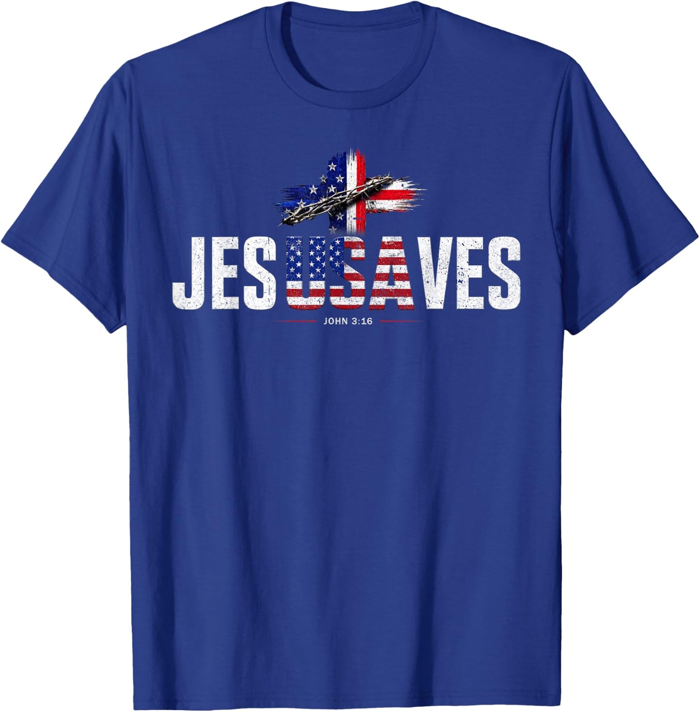 Jesus Saves Cross Subtle Christian Religious Faith USA Flag T-Shirt - T-Shirt | Royal
