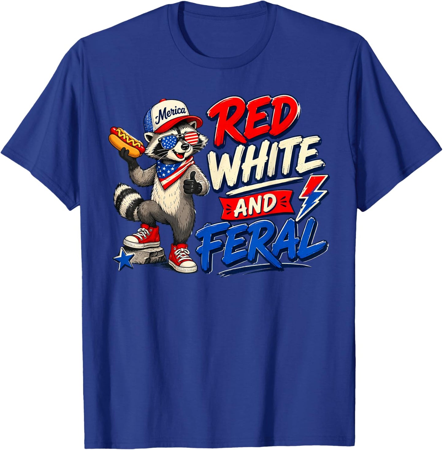 Red White and Feral Patriotic Raccoon American Flag T-Shirt - T-Shirt | Royal