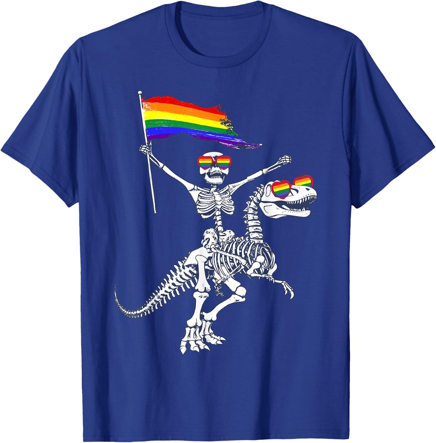 LGBT Flag Skeleton Riding T-Rex Dinosaur Gay Pride Month T-Shirt - T-Shirt | Royal