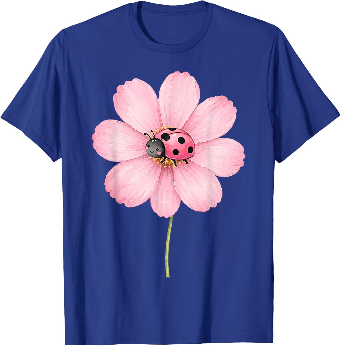 Cute Ladybug Pink Cosmos Flower Watercolor Spring Aesthetic T-Shirt - T-Shirt | Royal