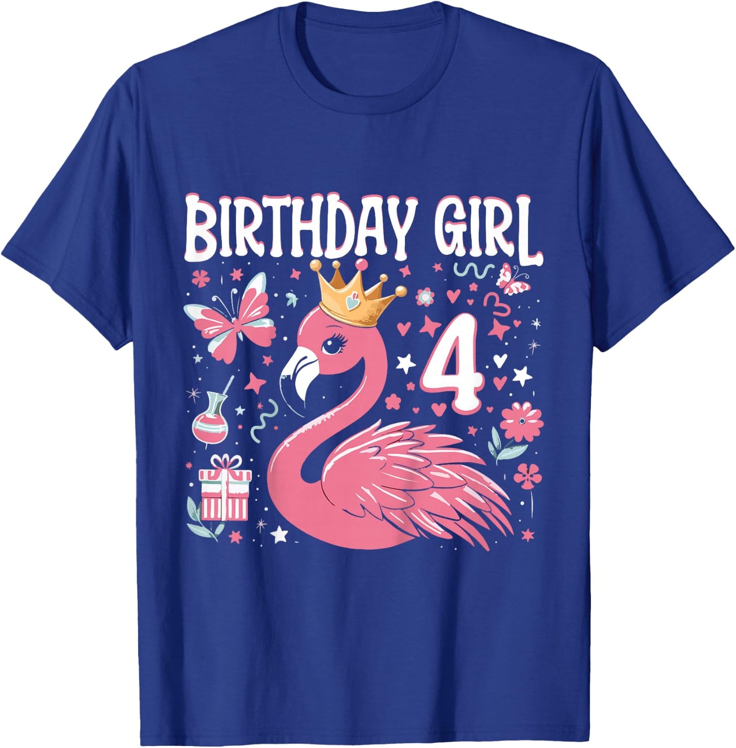 Kids 4th Birthday Gift Flamingo Fan 4 Year Old Girls 4th Bday T-Shirt - T-Shirt | Royal