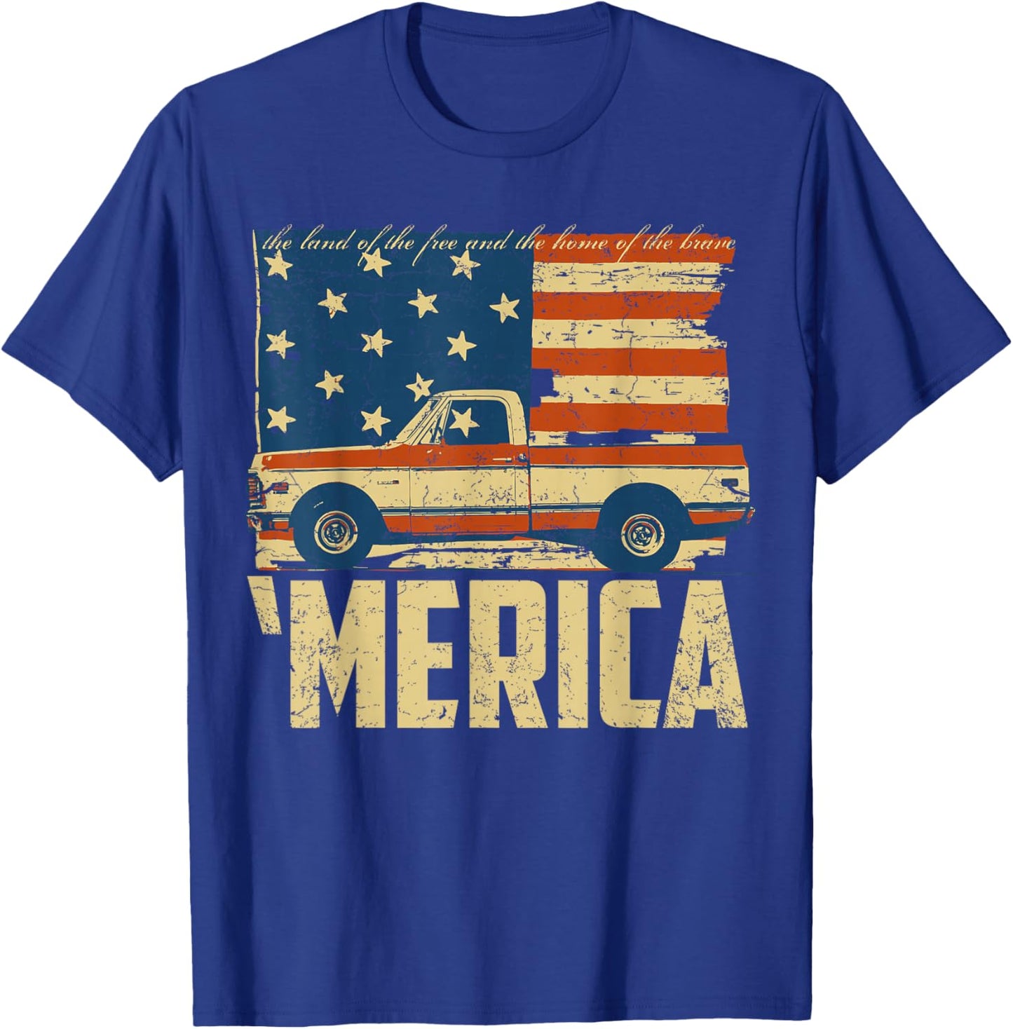 Classic Truck Design 'Merica American Flag with Pickup Truck T-Shirt - T-Shirt | Royal