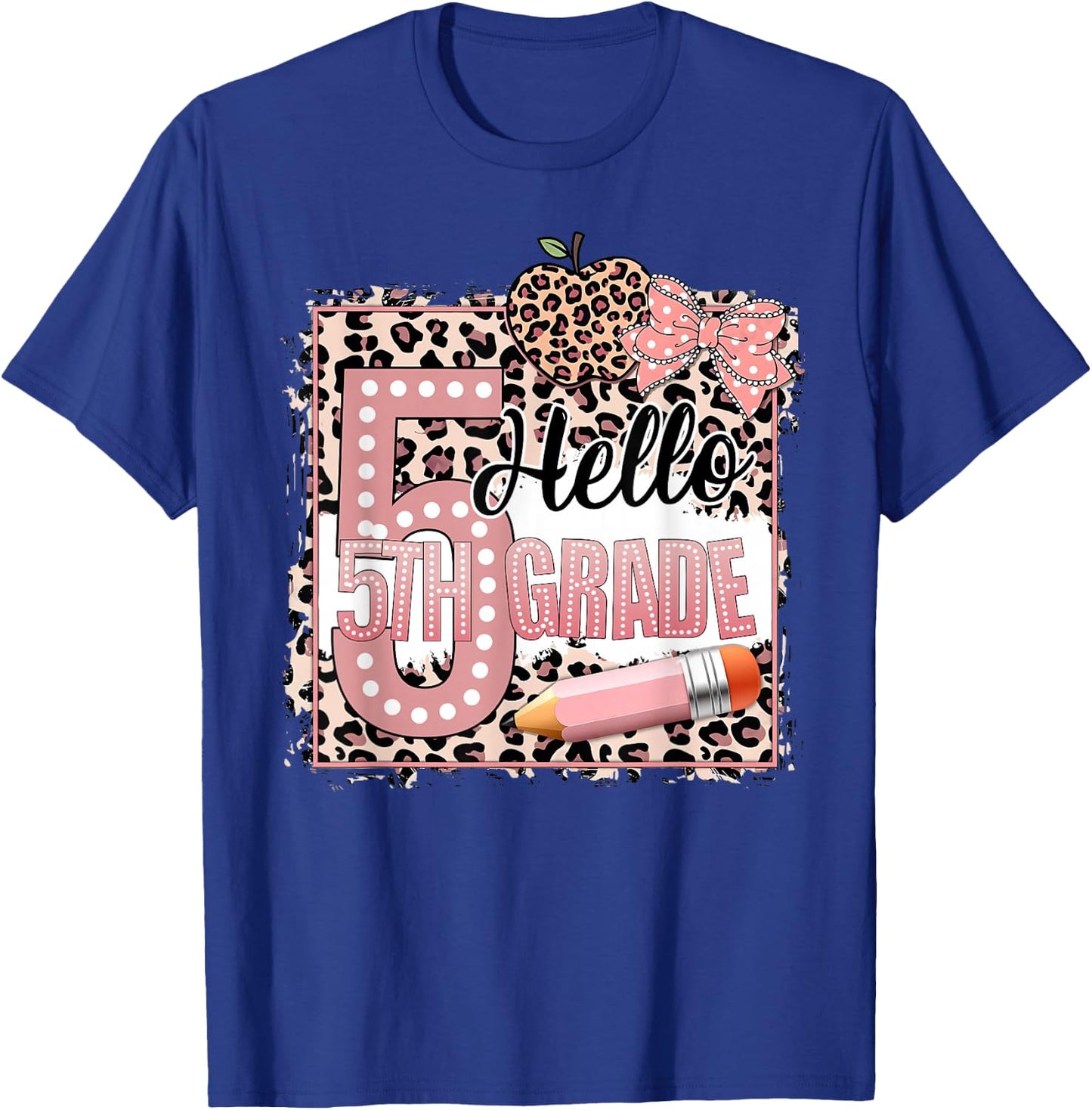 Cute Hello 5th Grade Pink Leopard Print Girls Kids T-Shirt - T-Shirt | Royal