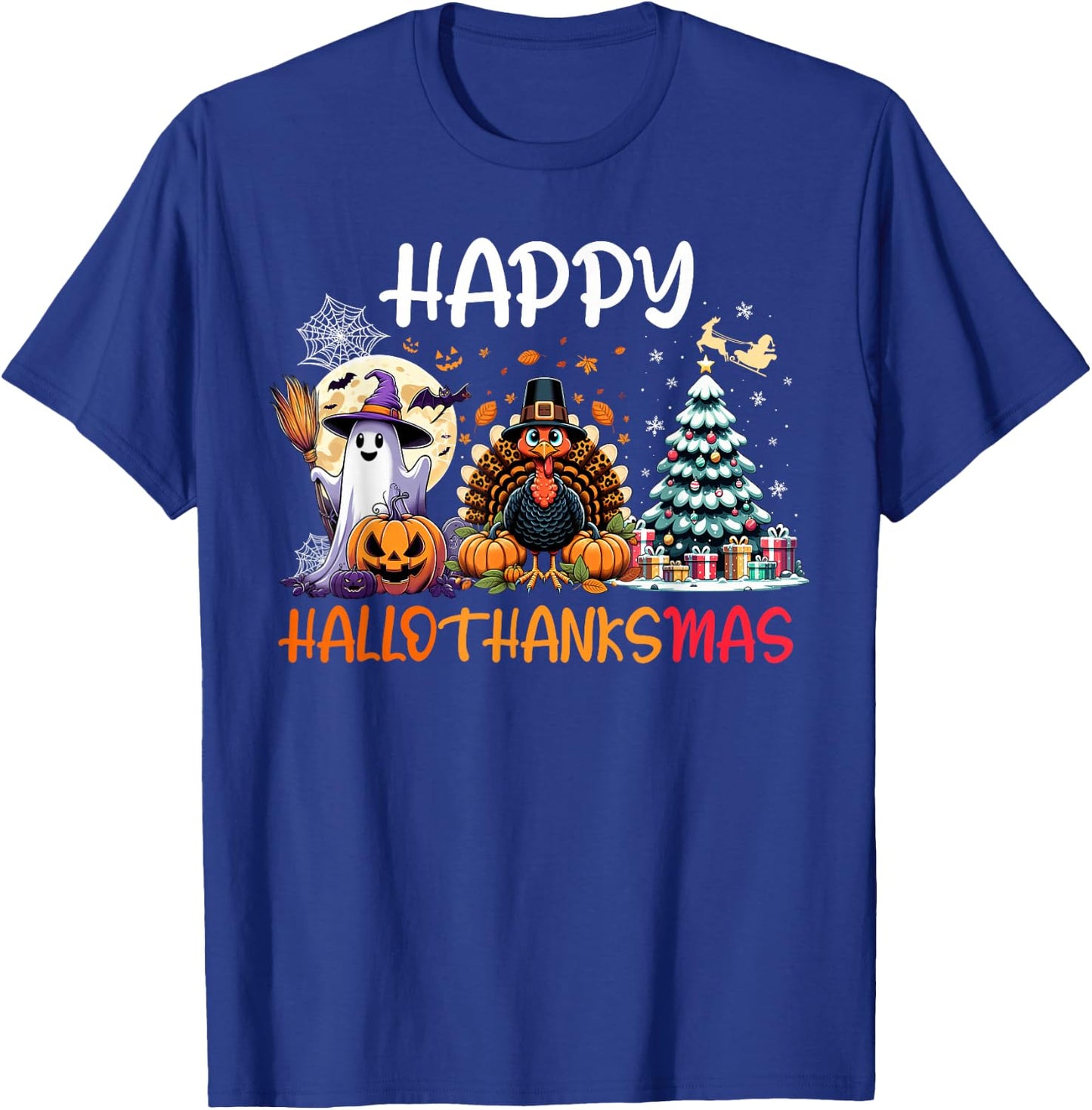 Halloween Thanksgiving Christmas Turkey Happy HalloThanksMas T-Shirt - T-Shirt | Royal