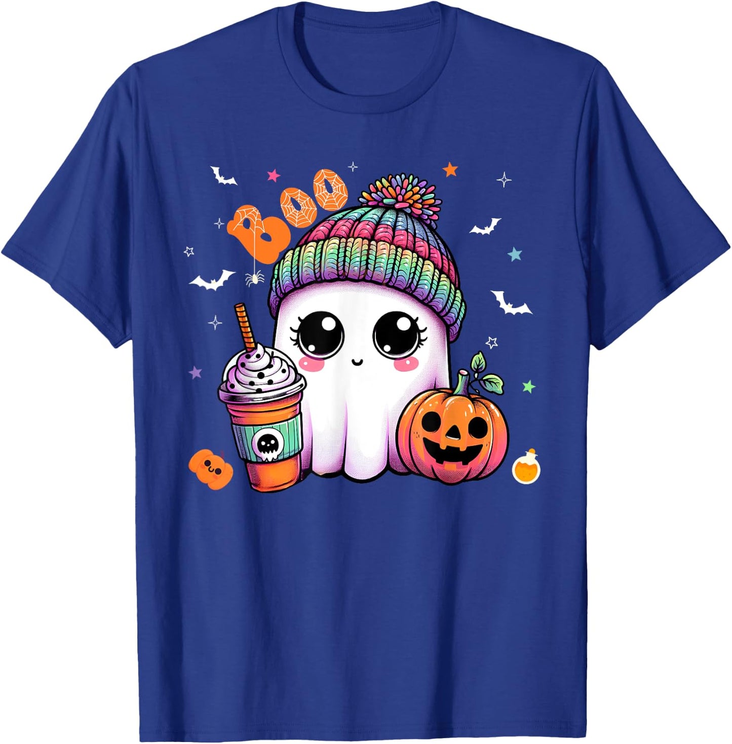 Cute Ghost Boo Drinking Pumpkin Spice Coffee Halloween T-Shirt - T-Shirt | Royal