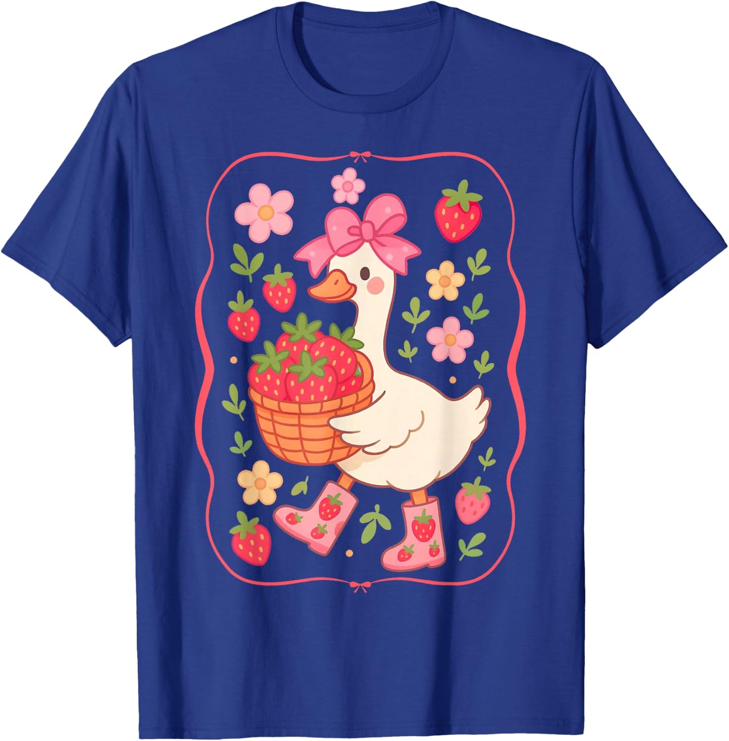 Cute Strawberry Goose Coquette Bow Floral Summer Goose T-Shirt - T-Shirt | Royal