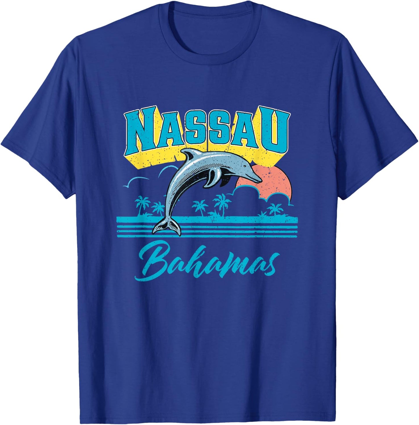 Nassau Bahamas Sunset Palm Tree Dolphin Retro Vacation T-Shirt - T-Shirt | Royal
