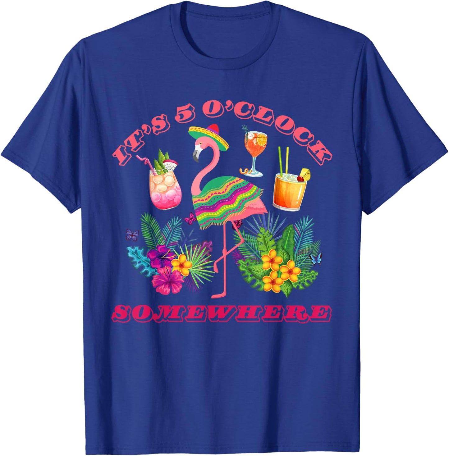It's 5 O'clock Somewhere Parrot Sunset Drinking Summer Retro T-Shirt - T-Shirt | Royal