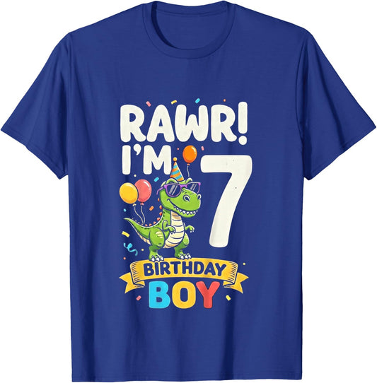 Kids Seven 7yr 7th Birthday Rawr Dinosaur 7 Year Old Birthday Boy T-Shirt - T-Shirt | Royal