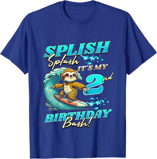 Kids Splish Splash 2nd Birthday Bash Sloth Surfing 2 Years Old T-Shirt - T-Shirt | Royal