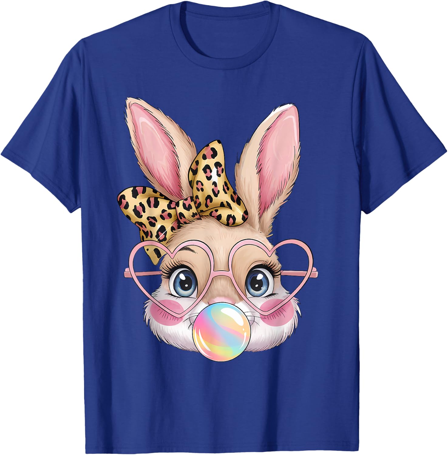 Cute Bunny Rabbit Face Leopard Bow Girls Happy Easter Day T-Shirt - T-Shirt | Royal