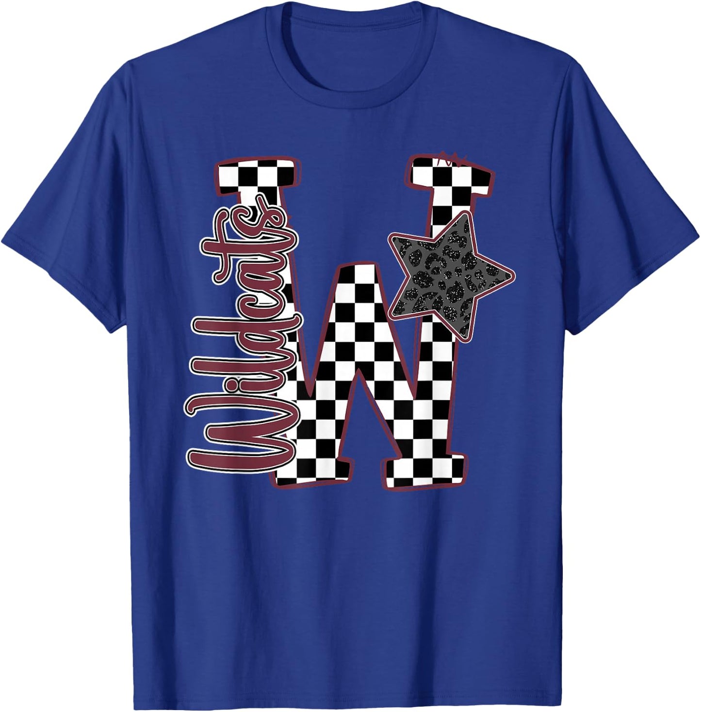 Maroon Wildcats Checkered Print Star Leopard School Spirit T-Shirt - T-Shirt | Royal