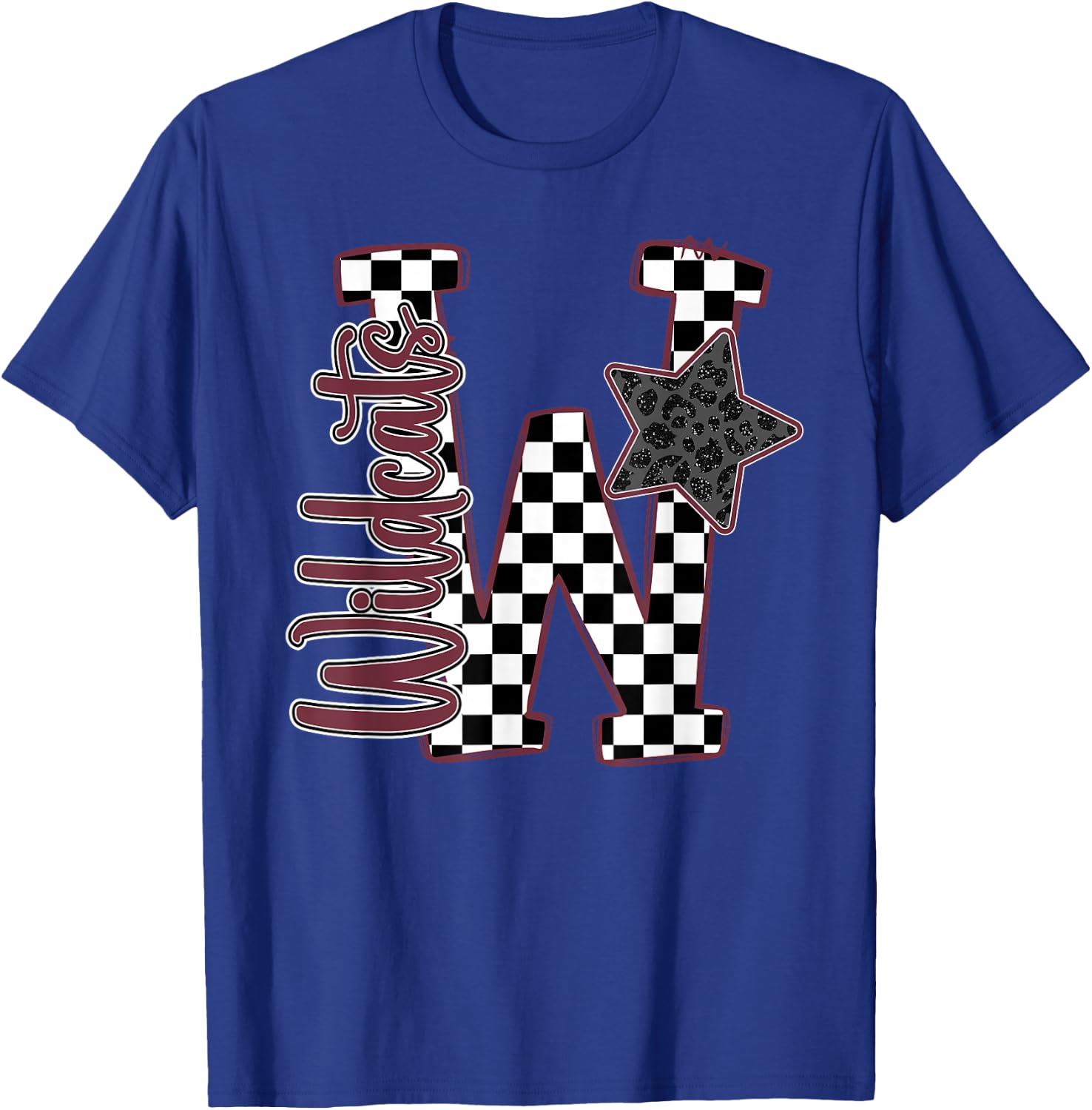 Maroon Wildcats Checkered Print Star Leopard School Spirit T-Shirt - T-Shirt | Royal