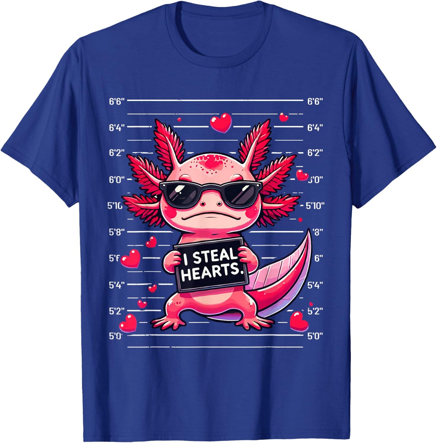 Cute Axolotl I Steal Hearts Mugshot Funny Valentine Quote T-Shirt - T-Shirt | Royal